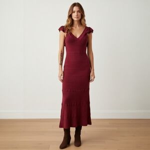 Sézane La Maille Knit Midi Dress Burgundy - Ruffle Sleeve Romantic Feminine - S